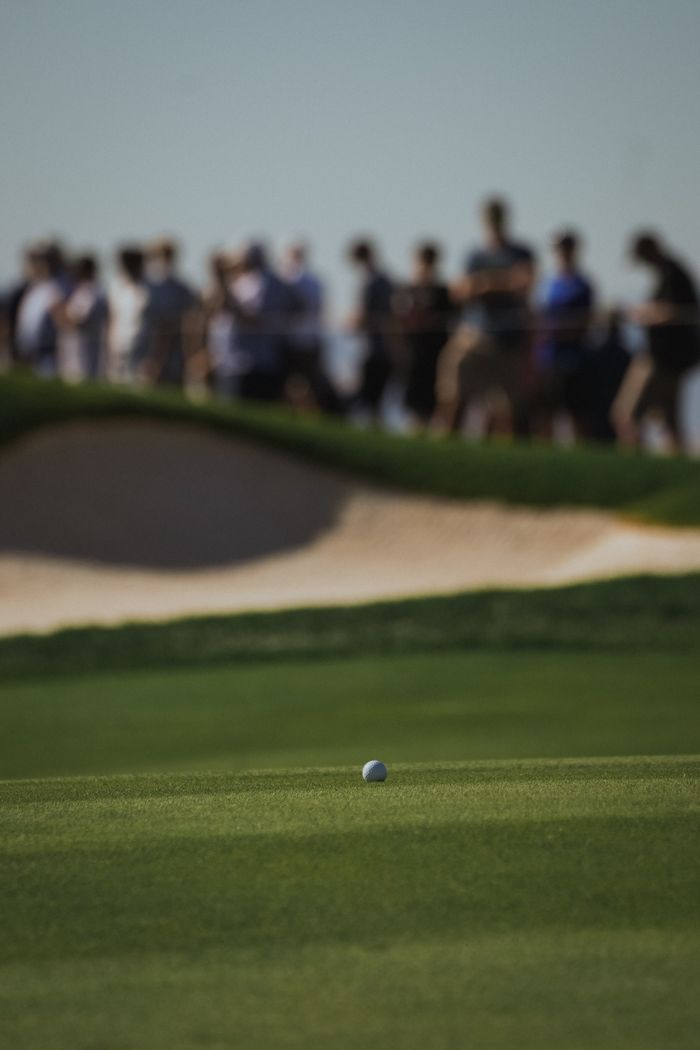 Close-up of a golf ball on a lush green with spectators watching in the background during a sunny day.